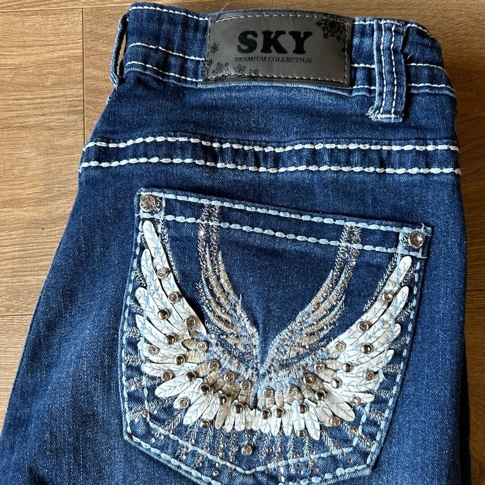 Sky Premium Collection Angel Wing Rhinestone Flare Jeans Dark Wash Y2K 15/16